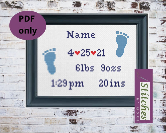 Baby Feet Personalized Birth Record Cross Stitch PDF PATTERN ONLY