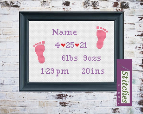 Personalized Baby Feet Birth Record Finished Cross Stitch